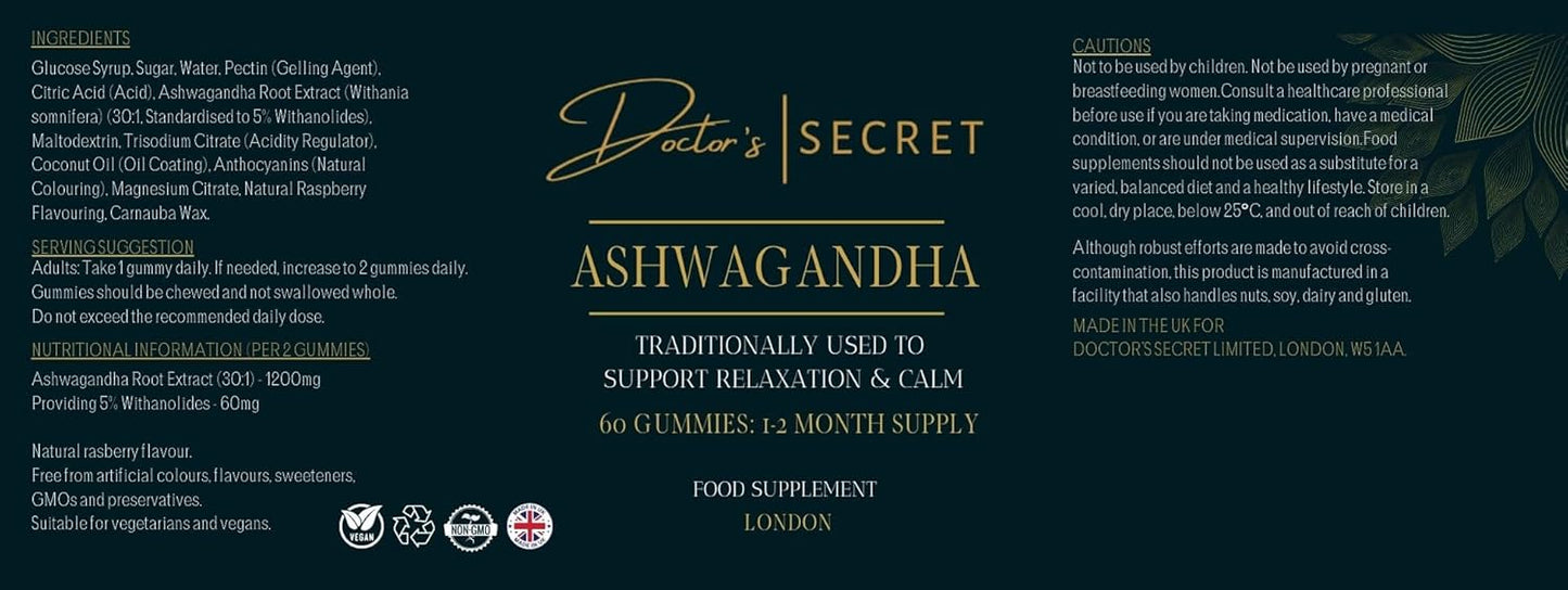 Doctor's Secret Ashwagandha Gummies | 5% Withanolides | Vegan | Natural Food Supplement Used to Support Stress, Anxiety, Sleep and Mental & Physical Performance | Non-GMO | Made in The UK