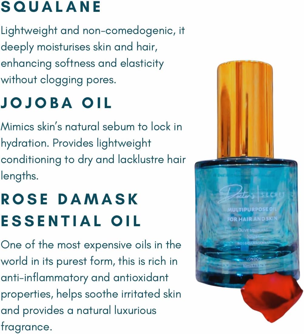 Doctor's Secret Squalane, Rose, Joboba Multipurpose Oil Hair, Face, Body - Leave-In Hair Oil Ends Conditioning Shine Facial Oil Vegan 100% Natural Nourishing Hydrating Glow Glass Skin & Hair