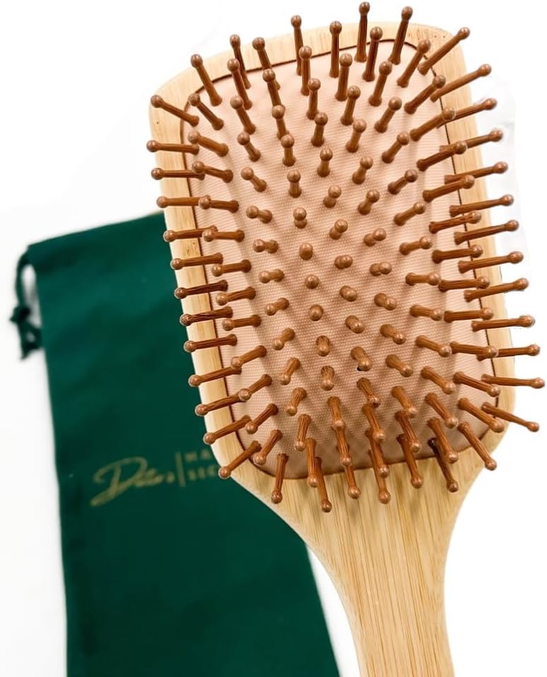 Doctor's Hair Secret Hair Brush Natural Wooden Bamboo Paddle Hairbrush Eco-Friendly with Cotton Travel Bag, Rounded Wooden Bristles To Reduce Tangling, Frizz, Hair Breakage For All Hair Types