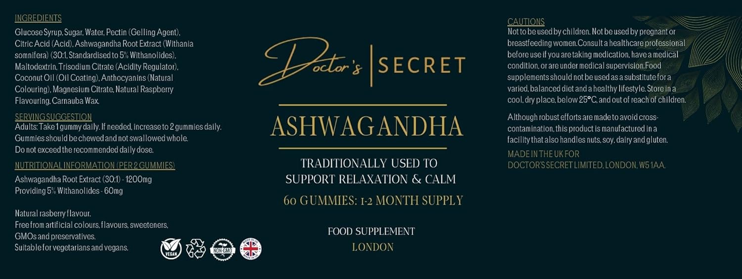 Doctor's Secret Ashwagandha Gummies | 5% Withanolides | Vegan | Natural Food Supplement Used to Support Stress, Anxiety, Sleep and Mental & Physical Performance | Non-GMO | Made in The UK