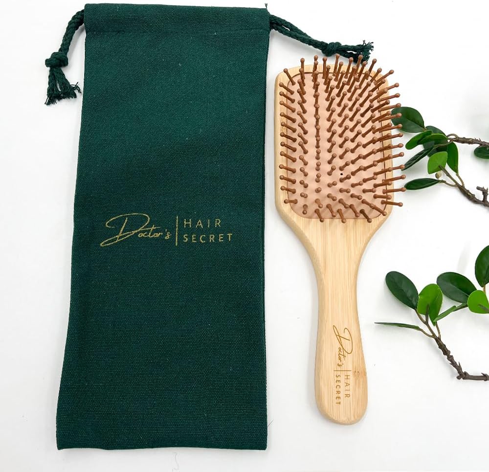 Doctor's Hair Secret Hair Brush Natural Wooden Bamboo Paddle Hairbrush Eco-Friendly with Cotton Travel Bag, Rounded Wooden Bristles To Reduce Tangling, Frizz, Hair Breakage For All Hair Types