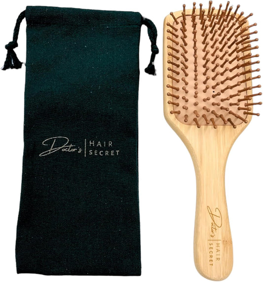 Doctor's Hair Secret Hair Brush Natural Wooden Bamboo Paddle Hairbrush Eco-Friendly with Cotton Travel Bag, Rounded Wooden Bristles To Reduce Tangling, Frizz, Hair Breakage For All Hair Types